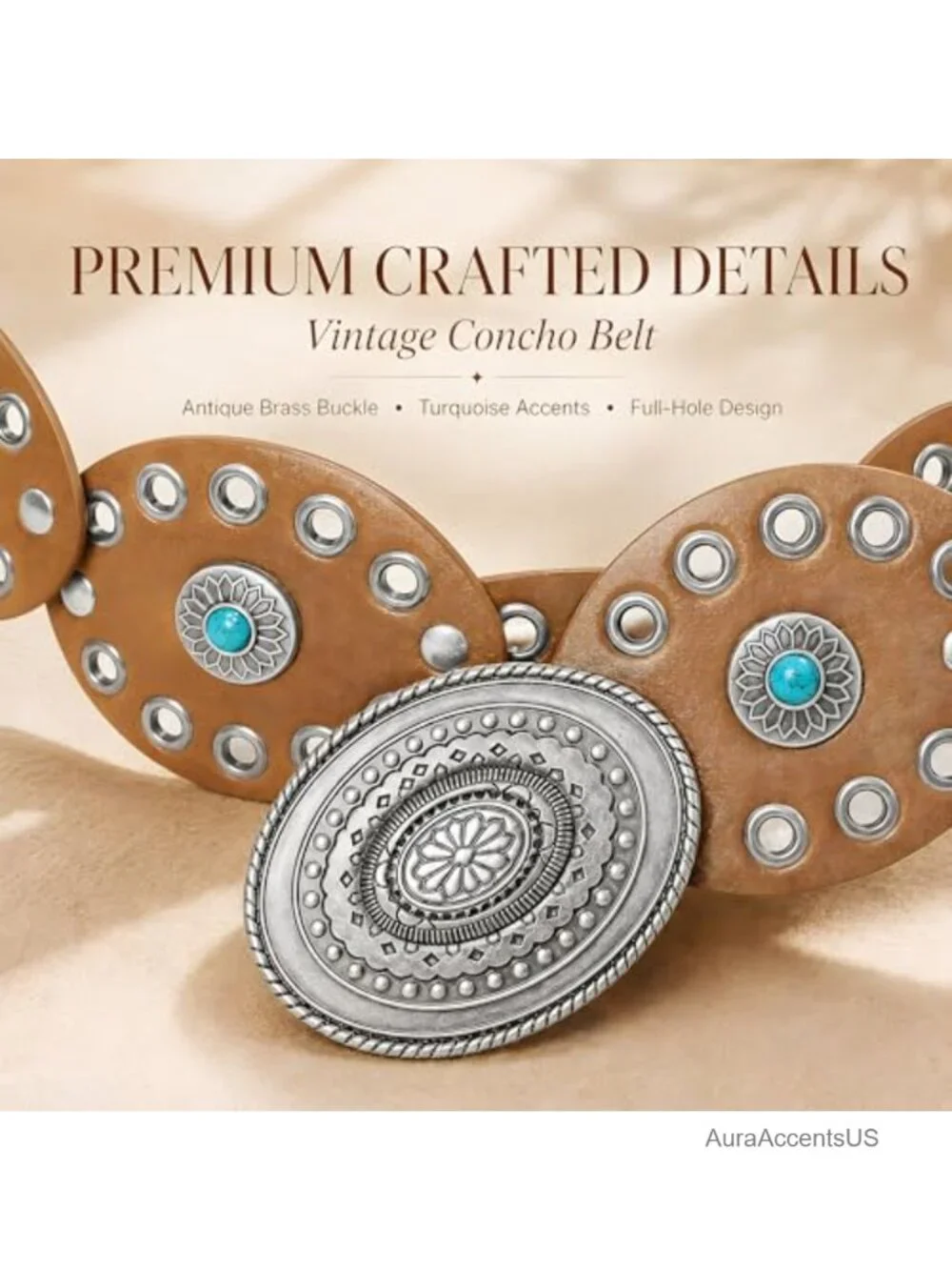 Vintage Concho Cowgirl Belt for Women, PU Leather Disc Belt